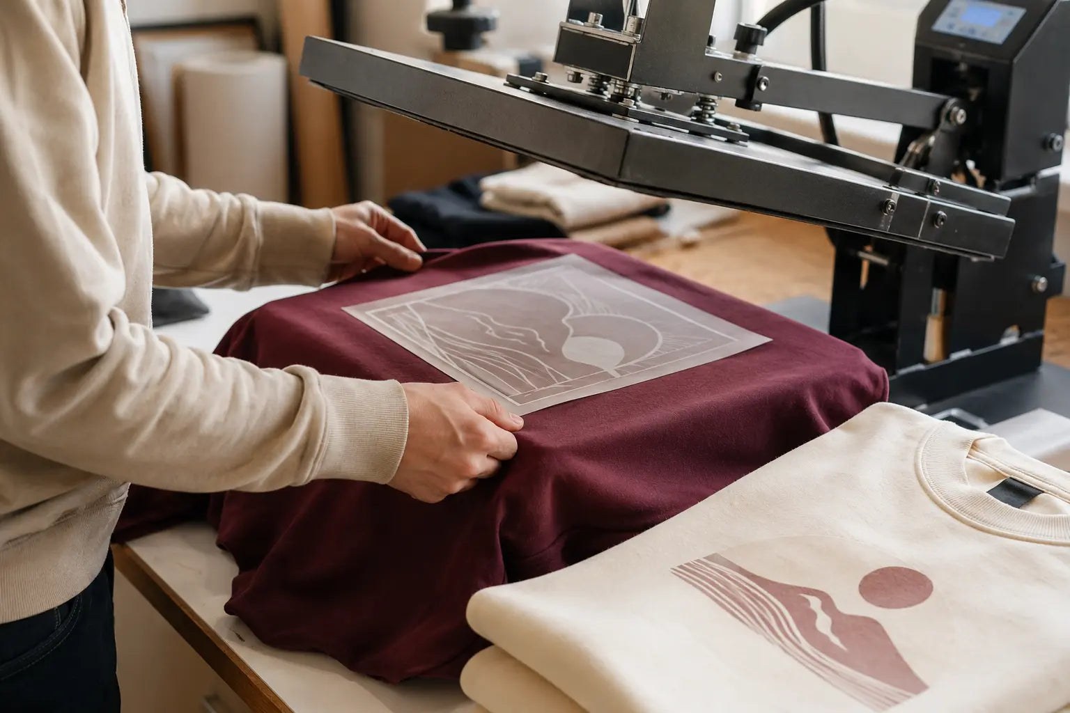 Impression d’un motif sur un sweat dans un atelier